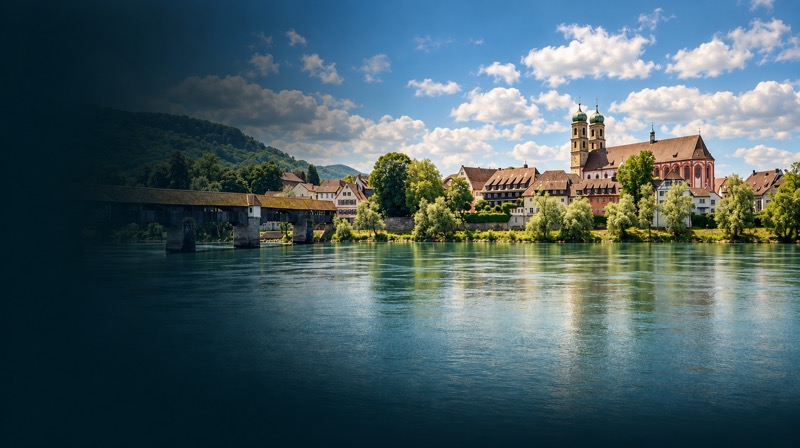Blick auf einen Fluss und eine Altstadt als Beispielmotiv