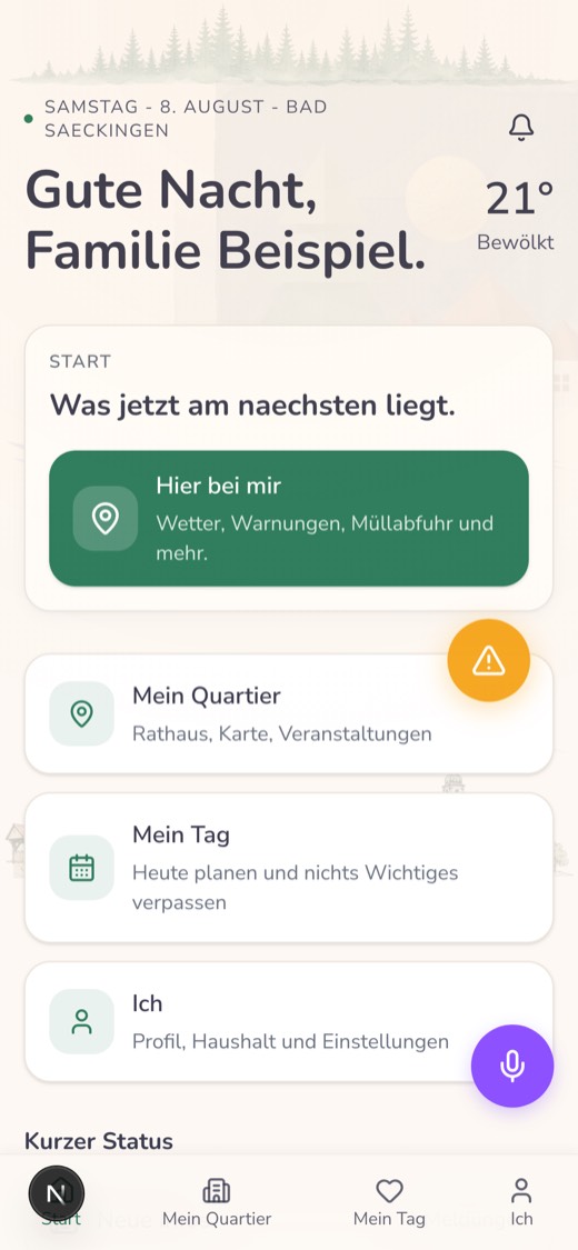 Startbildschirm der QuartierApp: Begrüßung, Wetter und die vier Bereiche Hier bei mir, Mein Quartier, Mein Tag und Ich.