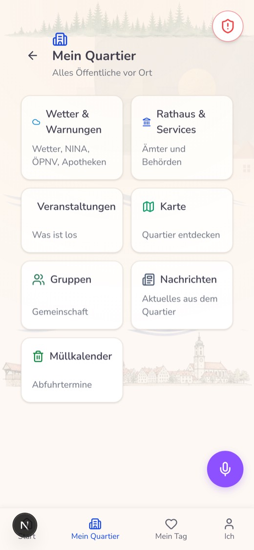 Der Bereich Mein Quartier mit Wetter, Rathaus, Veranstaltungen, Karte, Gruppen, Nachrichten und Müllkalender.