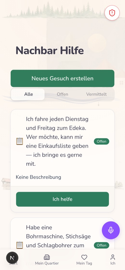 Nachbarschaftshilfe: offene Gesuche und Angebote aus dem Quartier, jeweils mit einer Schaltfläche „Ich helfe“.