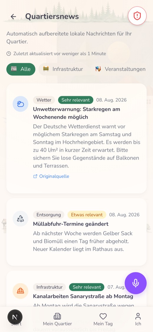 Quartiersnews: aufbereitete lokale Meldungen zu Wetter, Entsorgung und Infrastruktur, nach Relevanz einsortiert.
